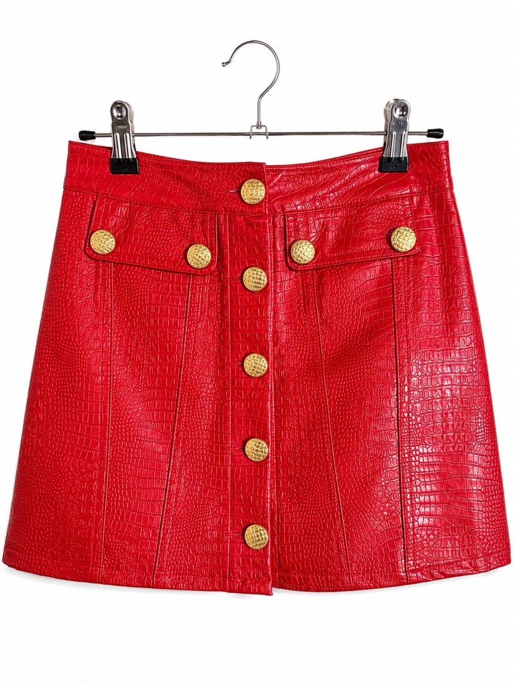 Signatures 8 Red Faux Crocodile Leather Gold Button Mini Skirt Size Small